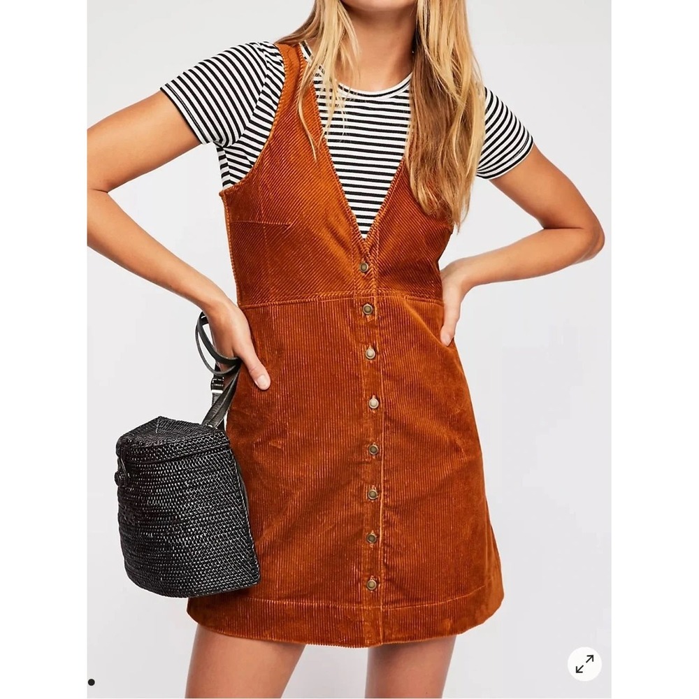 Free People Rust Corduroy Button Front Mini Jumper Dress Pinafore L